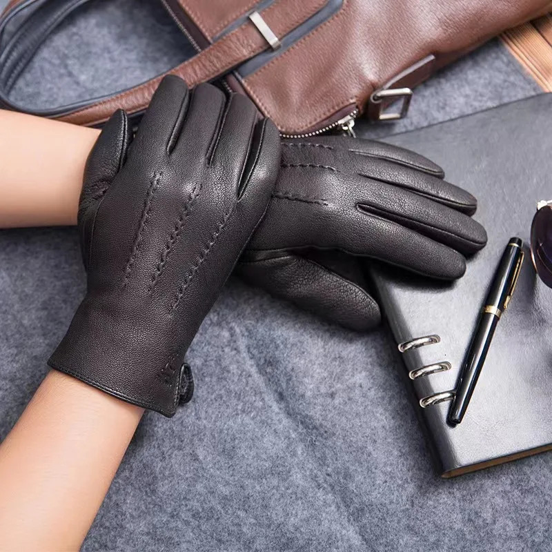 mens 100% sheepskin gloves deer skin pattern warm and soft mens leather gloves mens mittens with plush lining 241225