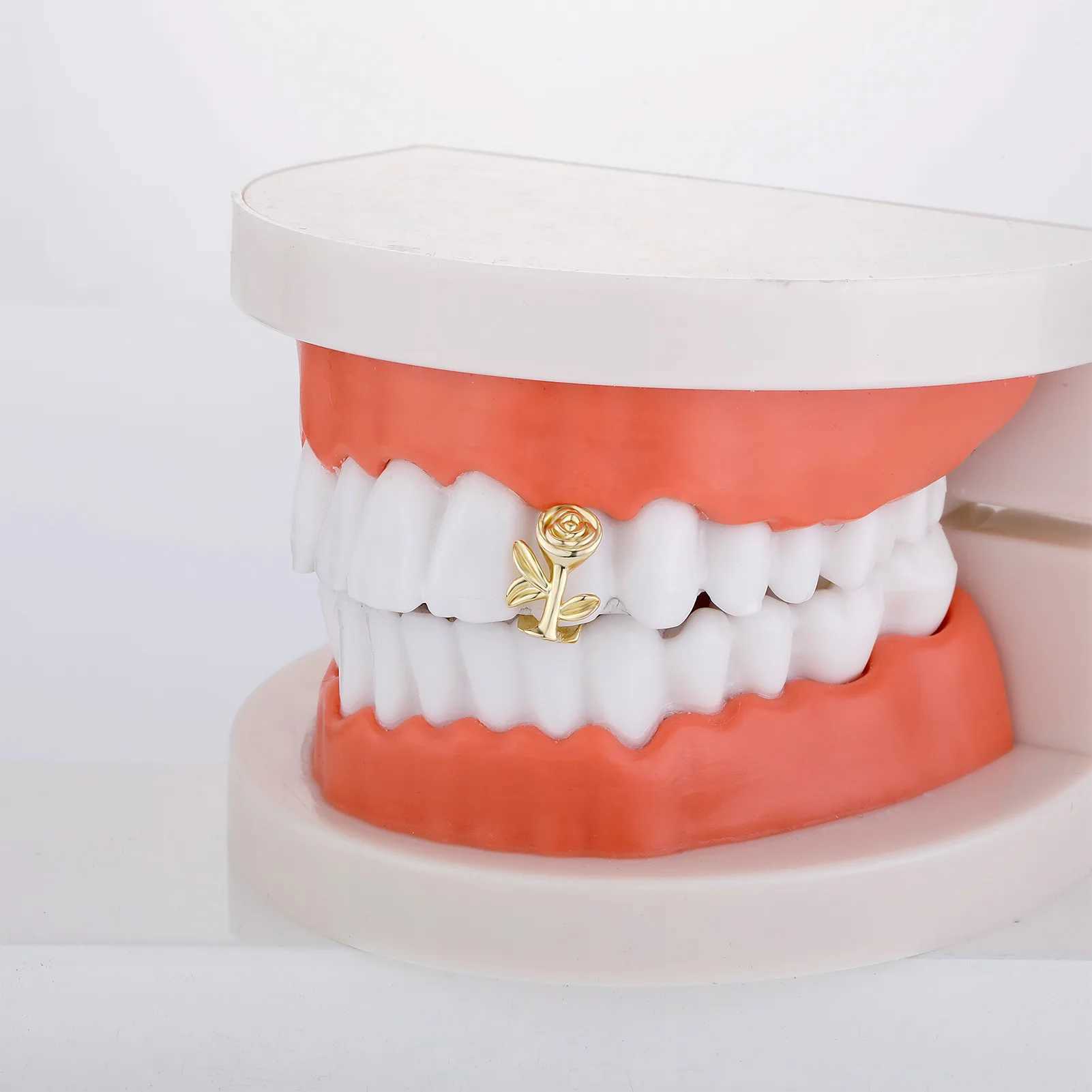 Single Roses Teeth Grillz Yellow Gold Color Plated Canine One Tooth Grills Upper Hip Hop Top Fangs Hollow GrillXJ241225