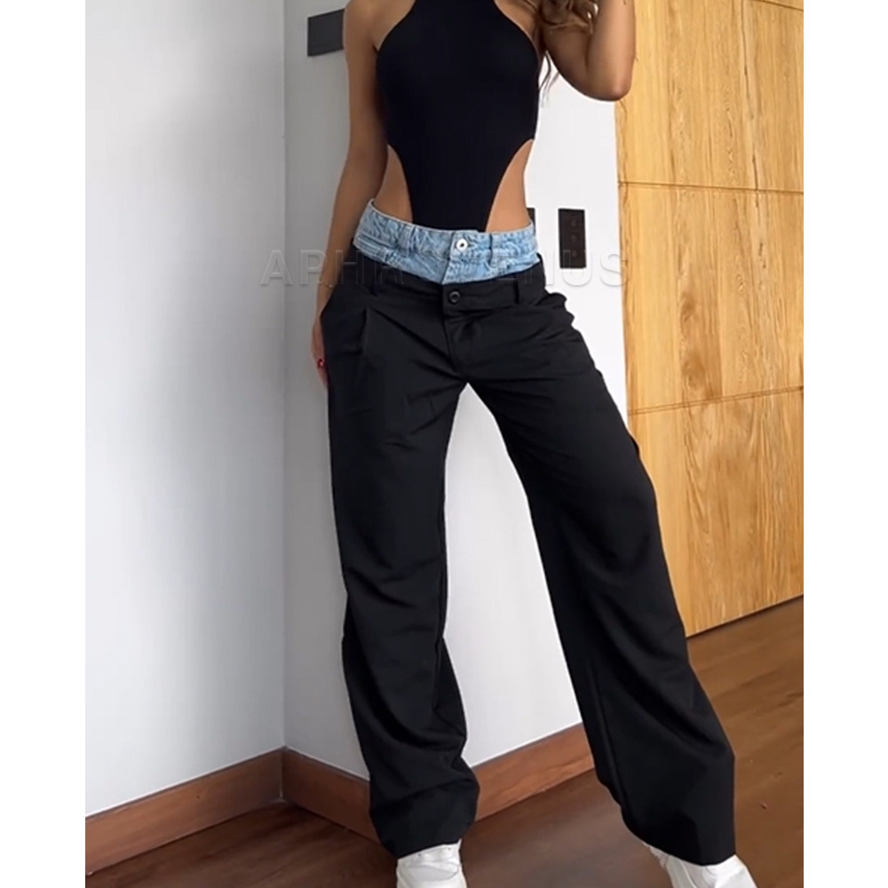 Fashion Women's Slim Patchwork Colorblock High Waist Long Stretch Denim Pants Straight Trouser Wide Leg Jeans