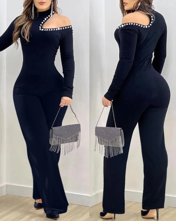 Jumpsuit Women Spring Fashion Rhinestone Cold Shoulder High Neck Long Jumpsuit Long Sleeve Slim Fit Flared Jumpsuit 241224