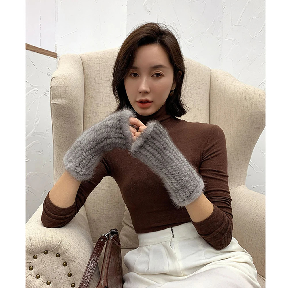Women Genuine Knitted Mink Fur Mittens Winter Warm Lady Real Fur Fingerless Gloves Handmade Knit Mink Fur Mitten 241225ww12