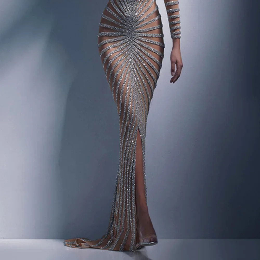 Spring Fashionable Embellished Womens Mesh Dress Long Sleeve Side Slit Long Dress For Women 241217