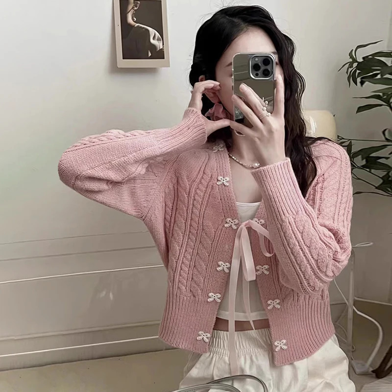 Sweet Bow Knit Cardigan Womens Fall Retro Niche n Sweater Jacket Tops 241225