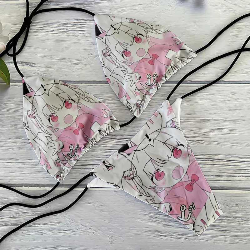 Fun Japanese sexy bikini set for women beach surfing vacation swimsuit fashionable lace thong and chest pad summer giftW241225