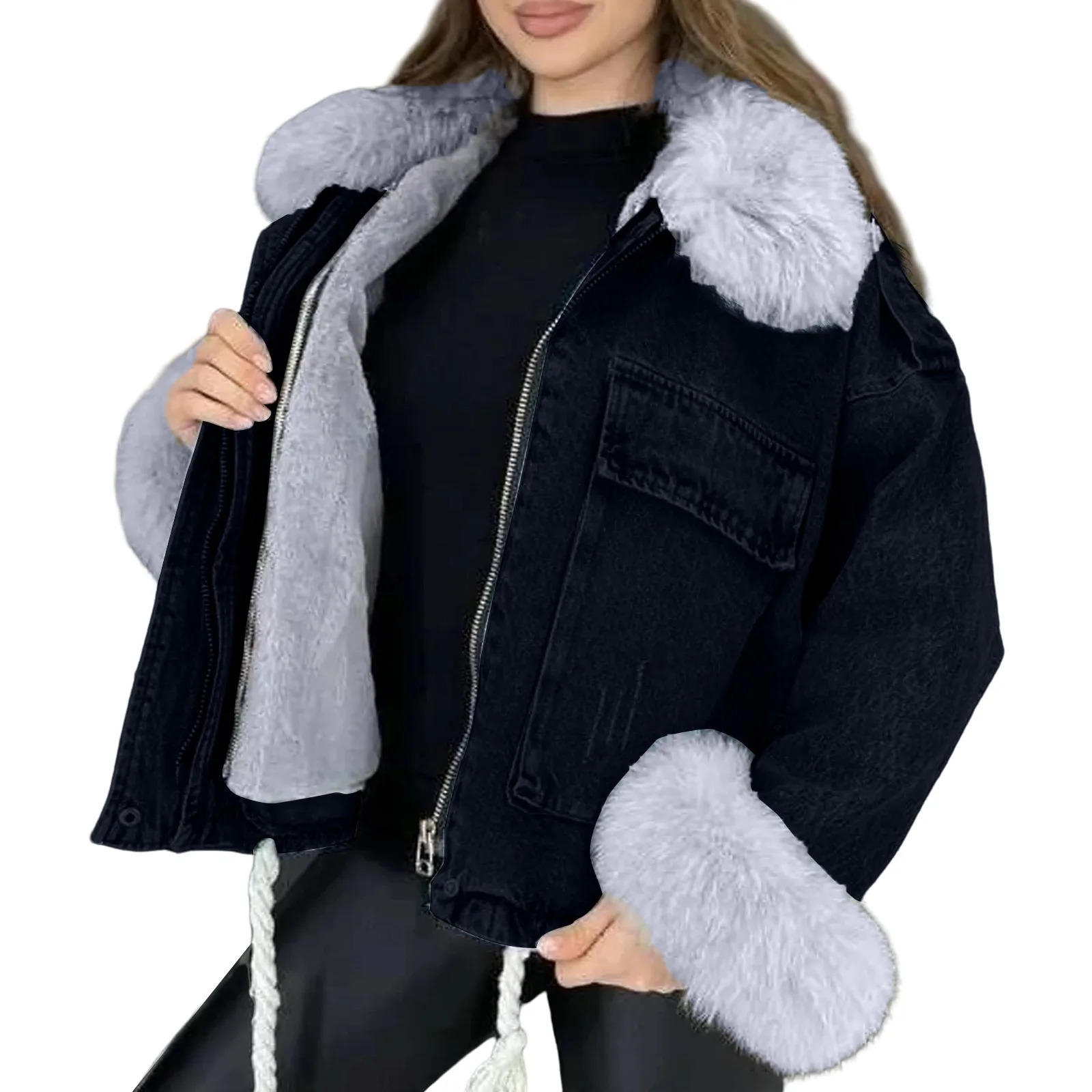 Winter Thicken Fleece Lining Denim Jacket With Fur Collar For WomenFashion Plush Warm Lambs Wool Blue Overcoat Lady Vintage 241220