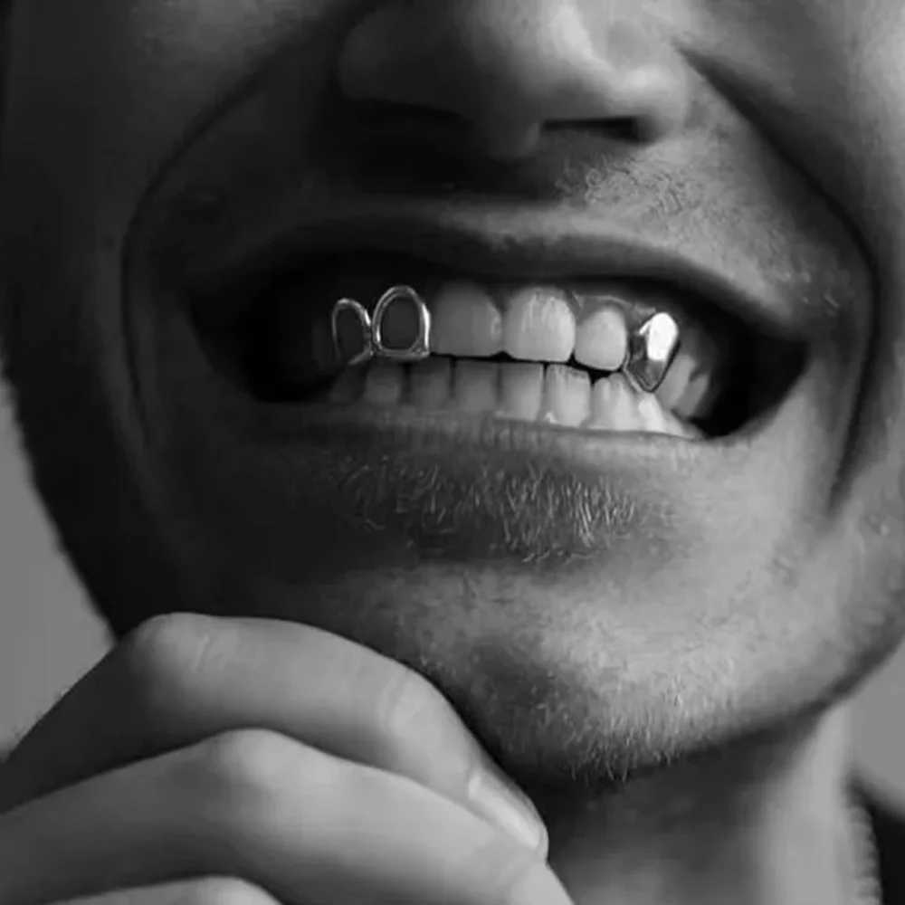 YOUNGX Hip Hop Double Hollow Teeth Grillz Fangs 14K Gold Plated Tooth Cs For Women Men Dental Grills JewelryXJ241225