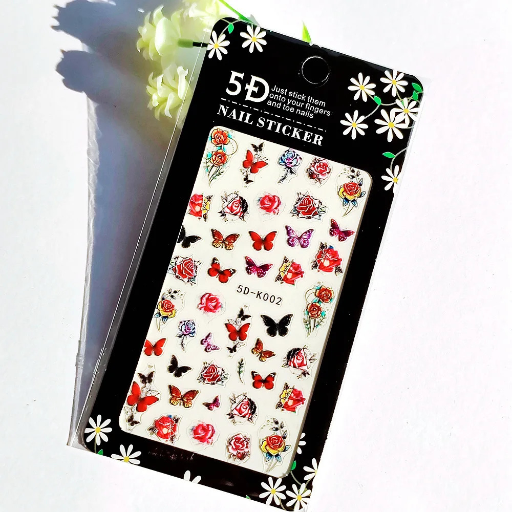 10PCS Plant Totem Nail Art Stickers Chrysanthemum White Nail Art Decorative Decals 5D Glue Back Butterfly Cat Dog Nail Slider 241225