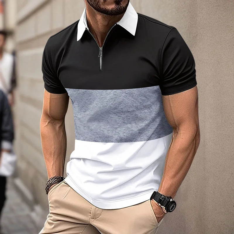 Summer Mens short sleeved Polo shirt 3D striped digital printed polo mens business casual zipper lapel Button top 241225