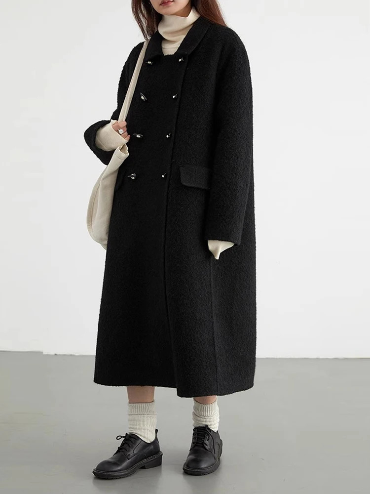 CHIC VEN Women Woolen Coats Solid Doublebreasted Loose Retro Polo Collar Wool Woman Long Ladies Coat Spring Autumn 2024 241225