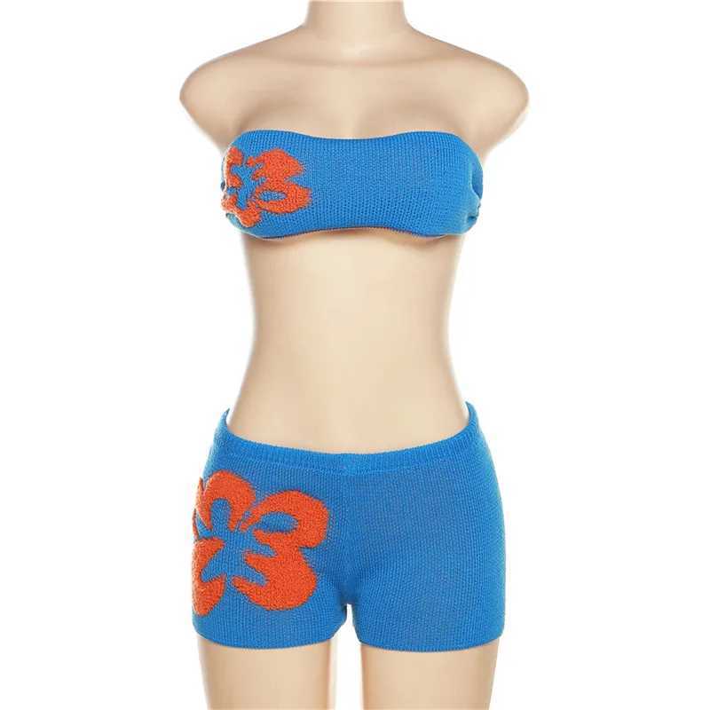 Sexy Knitted Crochet 2-piece Flower Strap Bra Crop Top 2-piece Set Beach Style Bikini Summer Womens SwimsuitW241225