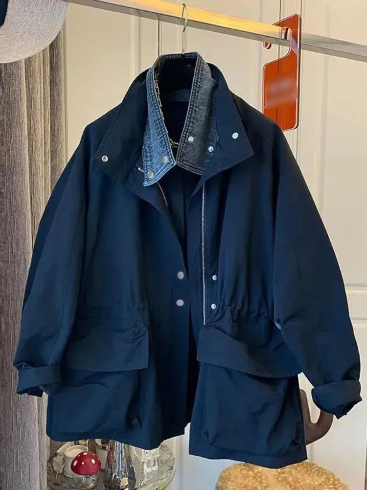 Womens denim Callor spliced khaki windproof jacket womens spring and autumn vacation two-piece streetwear womens coat 241219