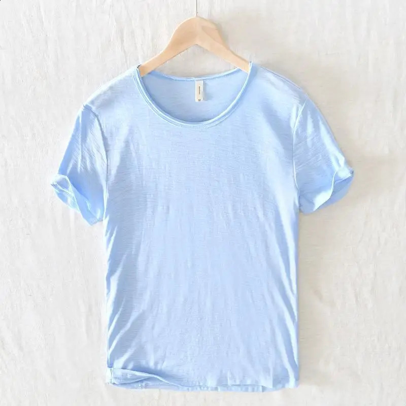 Cotton 100 Summer High end Boutique Mens Casual Round Neck Short sleeved Tshirt Pure Color Male Thin 241223