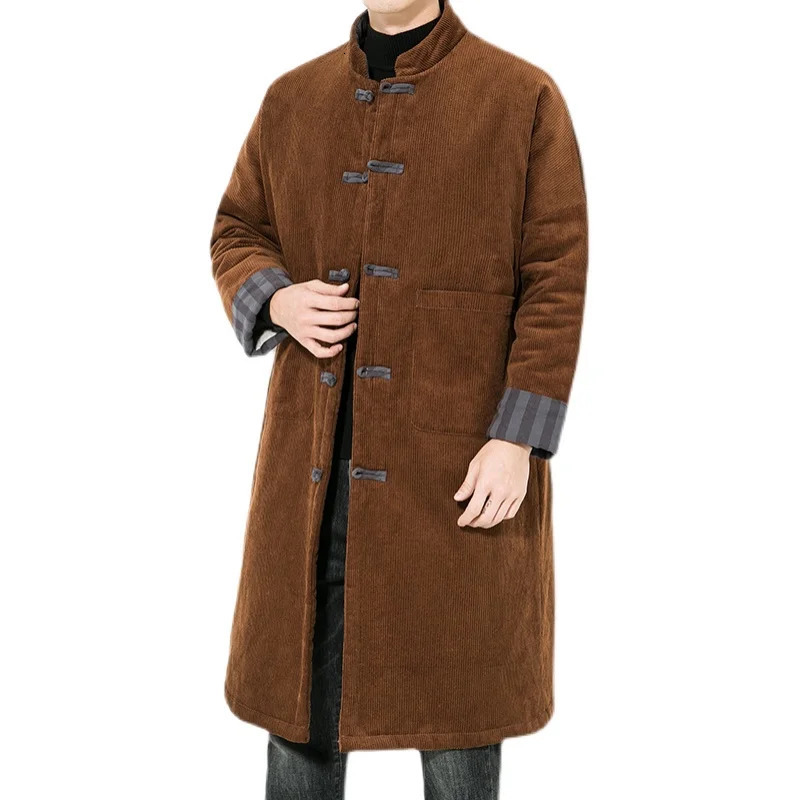 2023 Autumn Winter Men Retro Kung Fu Long Parkas Mens Corduroy Cotton Padded Jacket Windbreaker Male Warm Vintage Trench Coat 241225