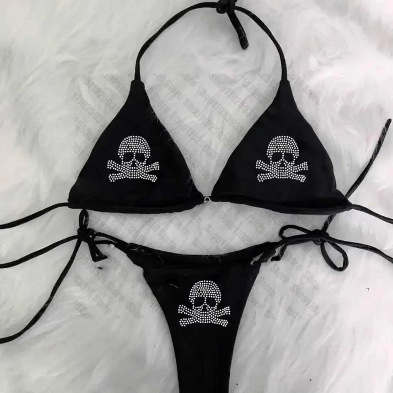 Y2K bikini set Rhinestone skeleton emo swimsuit womens sexy printed pad bra thong two-piece swimsuit beach wear womens swimsuitW241225