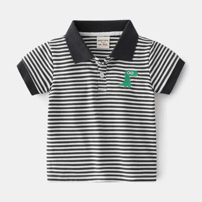 Kids Embroidered Dinosaur Short Sleeve T-shirt Summer Boys Loose Striped Polo Shirt Breathable Cotton for Ages 3-8XJ241225