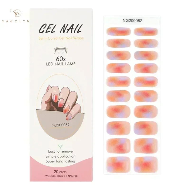 20Tips Jelly Pink Fluorescent UV Semi-Cured Gel Nail Patch Pearl Gradient Nude Adhesive Slider Long Lasting Nail Art Stickers 241225
