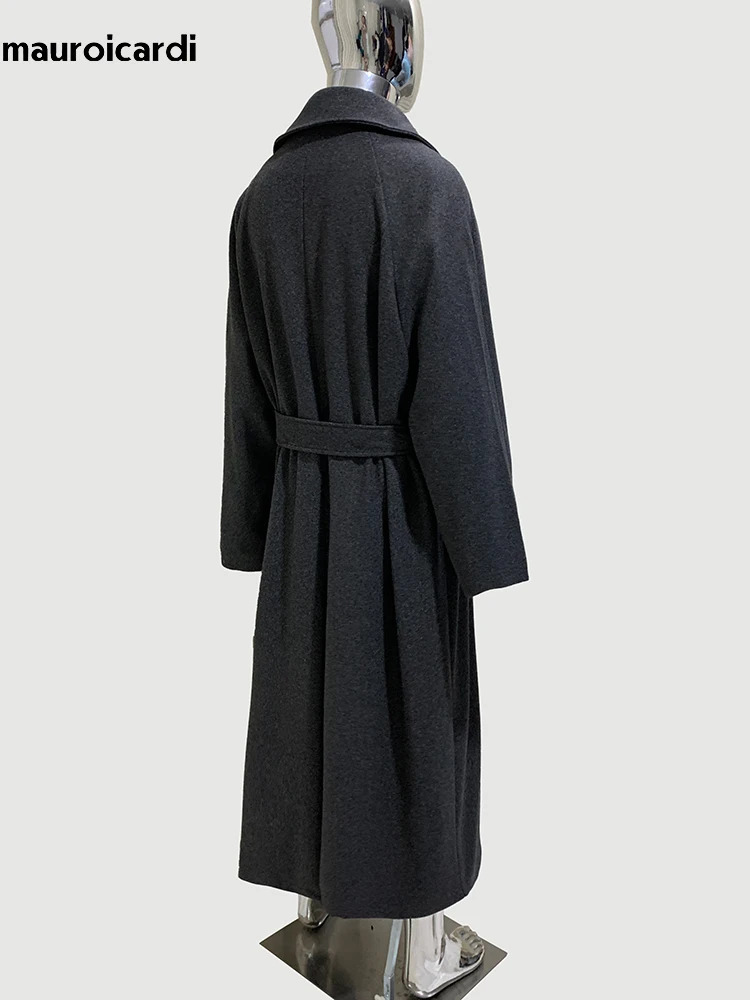 Mauroicardi Spring Winter Oversized Long Warm Grey Wool Blends Coat Men Sashes Elegant Chic Woolen Overcoat 2025 241225