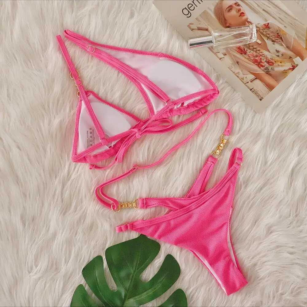 2024 New Womens Summer Sexy Pink Stripe Bikini Set Crystal Diamond Single Shoulder Swimsuit Beach Luxury SwimsuitW241225