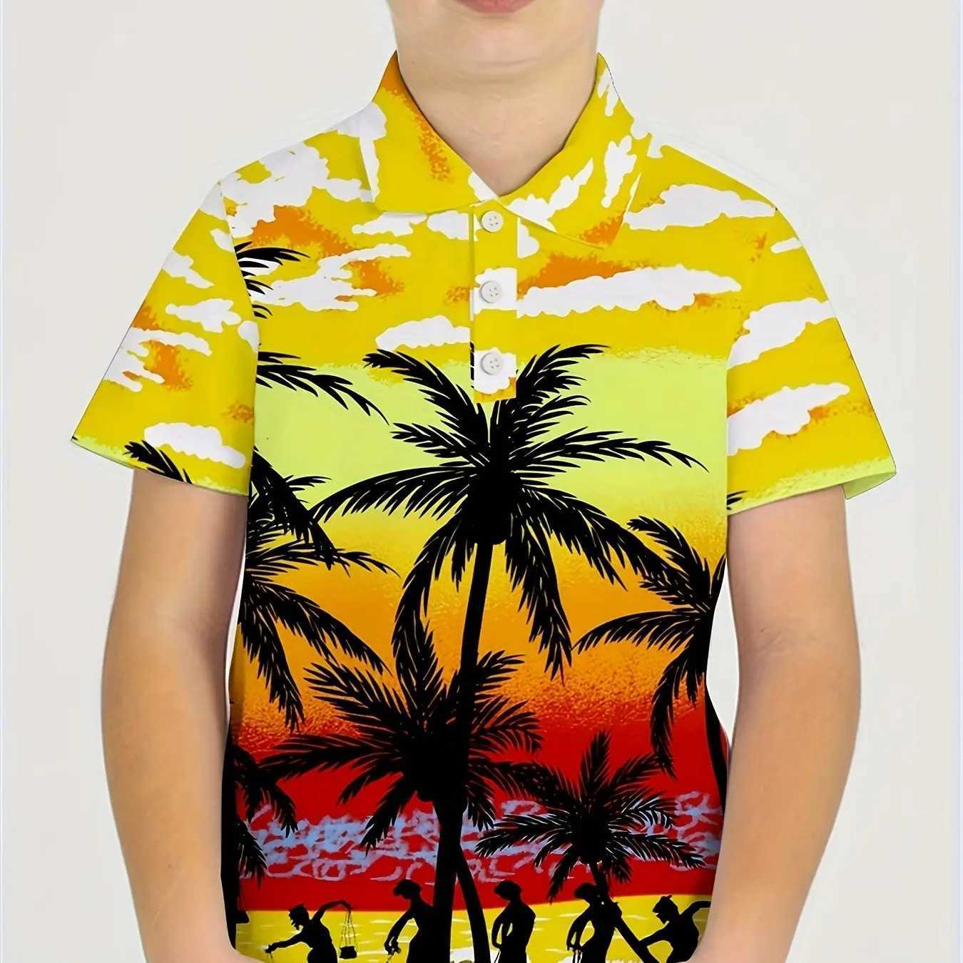 Casual Lapel Polo Shirts Boys For Children Short Sleeve 3d Print Beach Coconut Trees Pattern Versatile Summer Kids Tops ShirtXJ241225