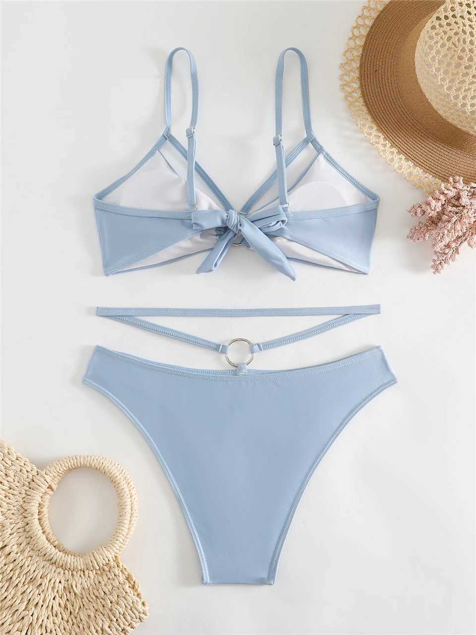 Buckle bikini 2024 womens shoulder strap swimsuit womens sexy solid swimsuit summer beachwear womens bath swimsuitW241225