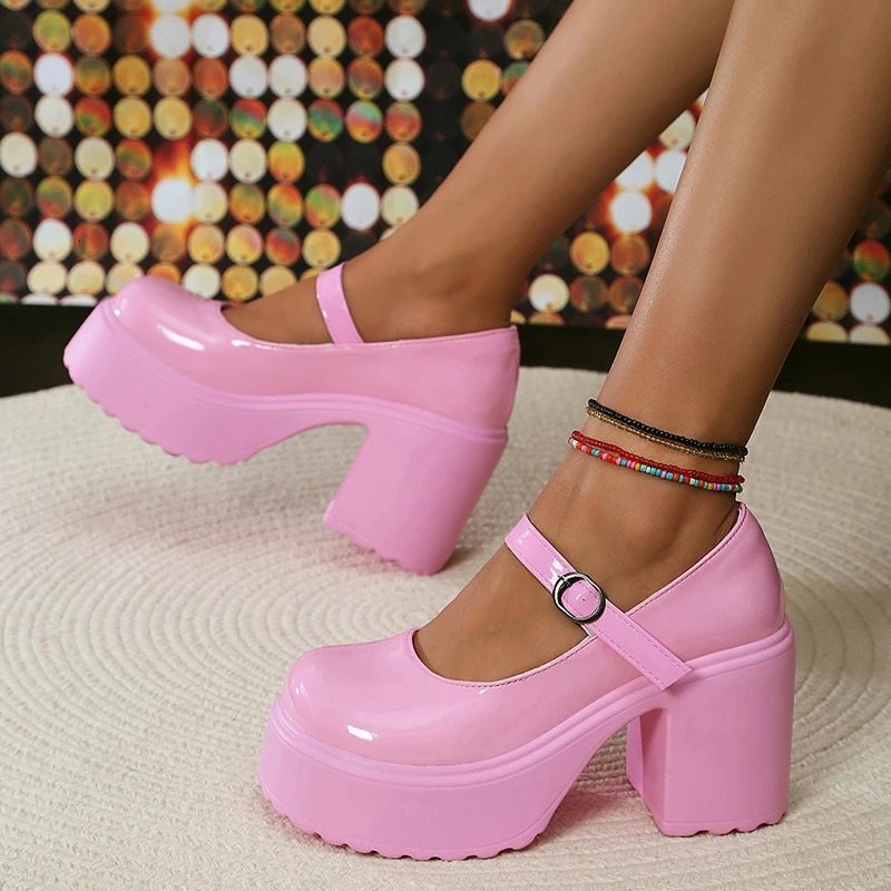 Vintage High Heels Mary Jane Shoes for Women Pu Leather Chunky Platform Pumps Woman Gothic Buckle Strap Lolita Shoes Size 42 241225