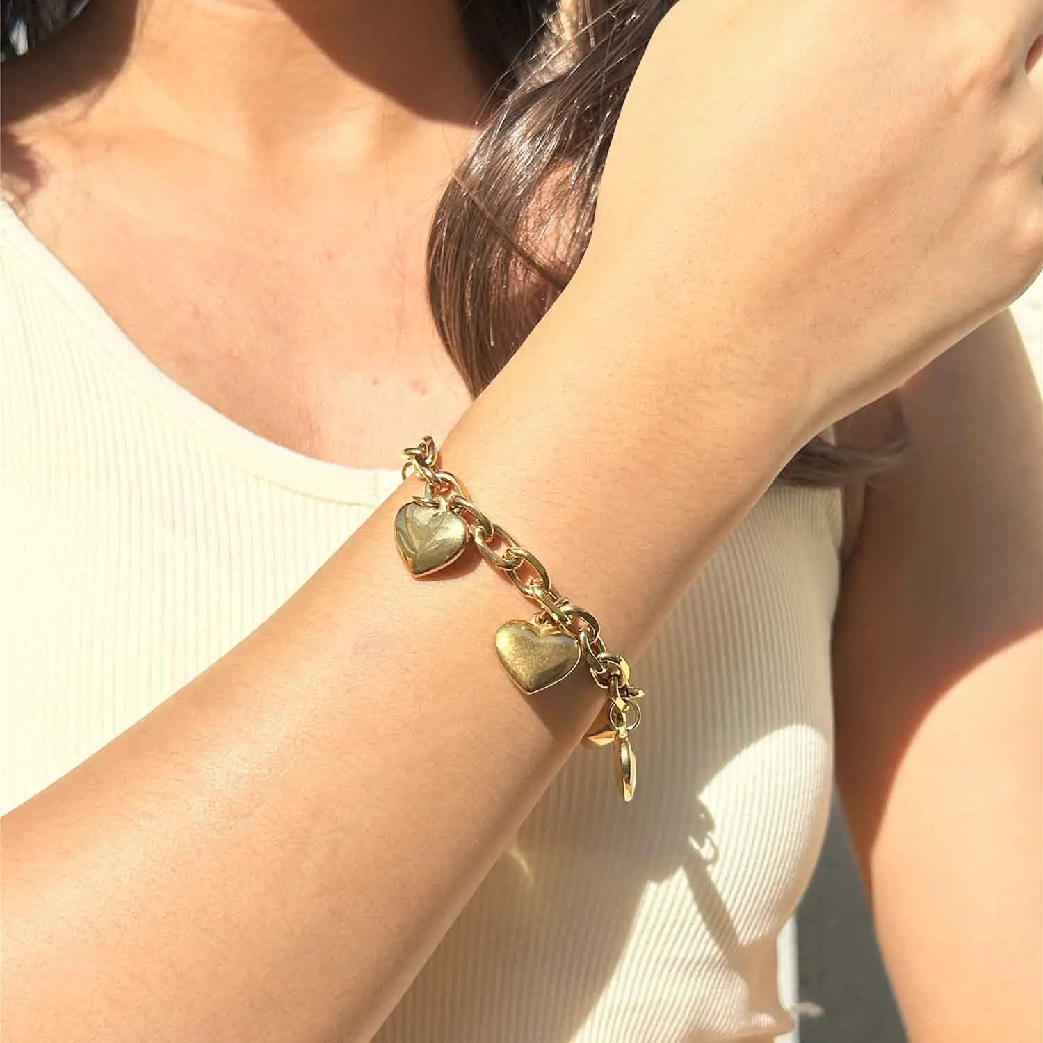MisenBaBa Style Stainless Steel Thick Chain Tassel Heart Charm Bracelet For Women Fashion Jewelry Valentines day gift 241225