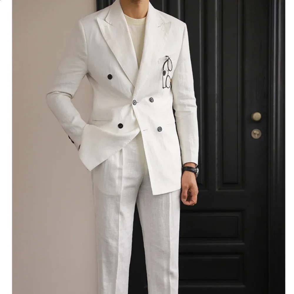 Chic Linen Suits for Men 2 Piece Fashion Lapel Double Breasted Blazer Sets Business Casual Slim Beach Wedding Party Tuxedo 241223