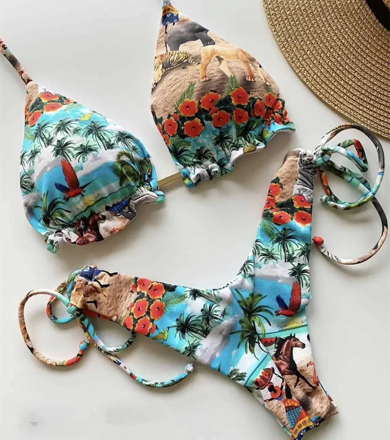 Sexy Bikini Set 2-piece Hot Stamped Sports Swimsuit Womens Beach Wear Top Pad Swimsuit Exquisite SwimsuitW241225