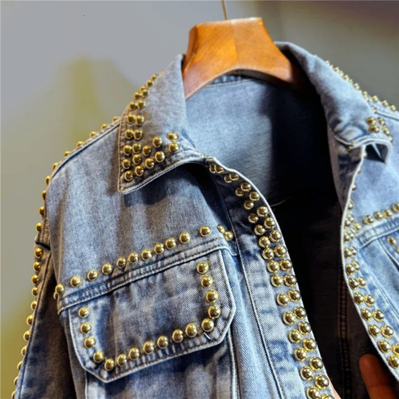Spring Women Heavy Work Rivet Blue Short Denim Cardigan Jacket Loose Big Pocket Lapel Long Sleeve Female Jeans Jacket Coat 241223