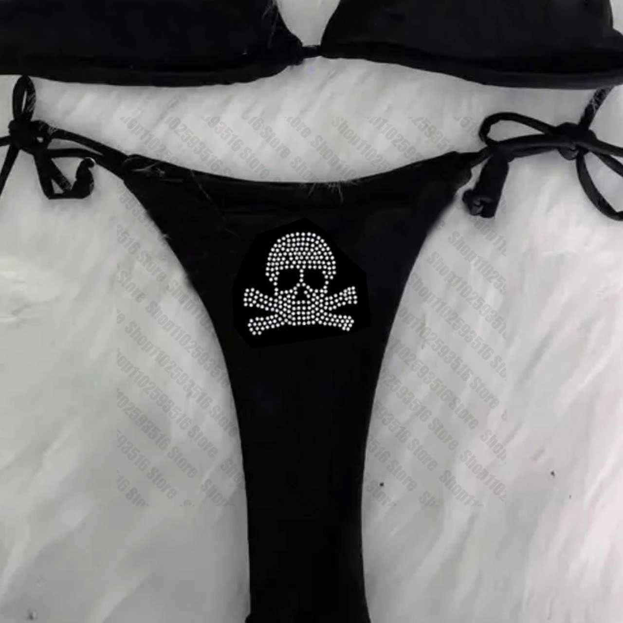 Y2K bikini set Rhinestone skeleton emo swimsuit womens sexy printed pad bra thong two-piece swimsuit beach wear womens swimsuitW241225