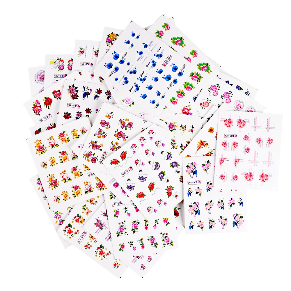 55pcs Latest Nail Art Glitter Tips Flower ns with Gold Powder Nail Art Sticker Decals Watermark DIY Manicure TRBJC55 241225