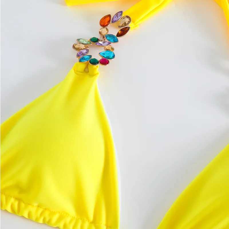 Yellow sexy rhinestone bikini 2025 womens swimsuit womens swimsuit Brazilian bikini set beachwearW241225