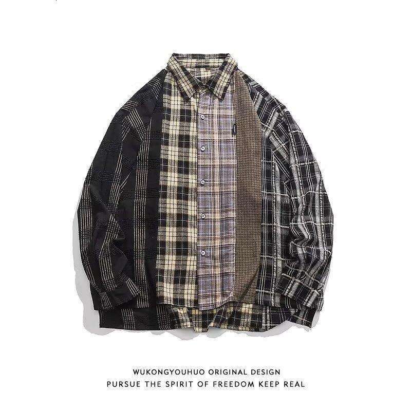 China-Chic American Street Splice Plaid Men's Long Sleeve Spring And Autumn Fashion Brand Japanese Vintage Couple Shirt