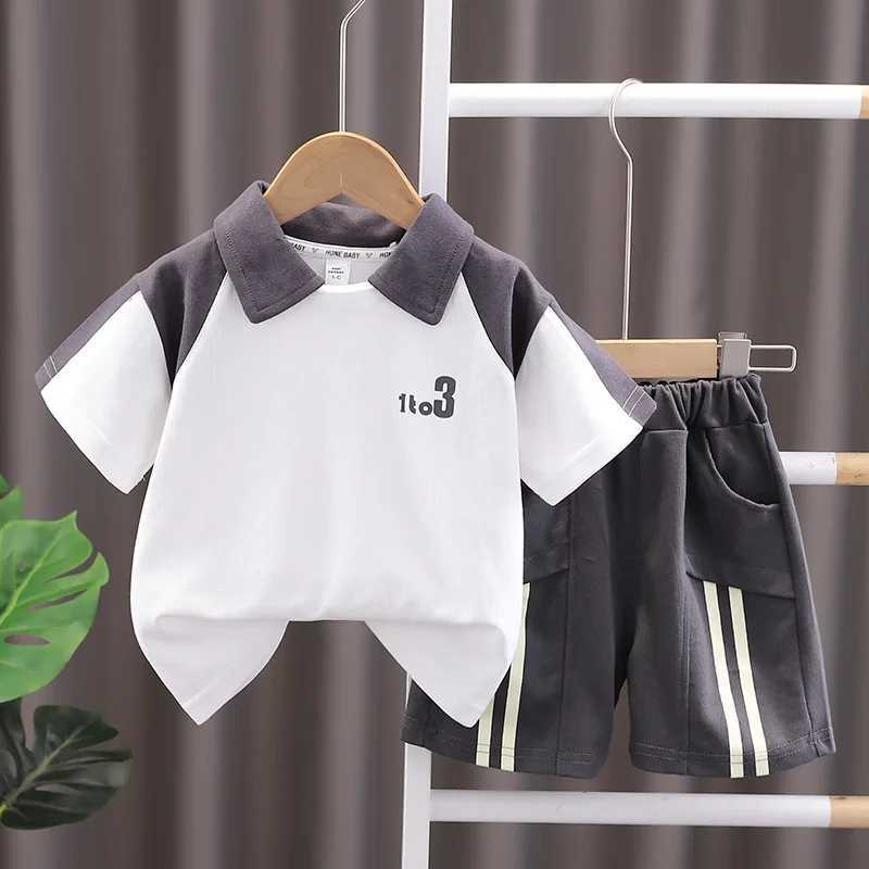 Clothing Sets Summer Children Boy Clothes Kid Lapel T-Shirts and Shorts Set Patchwork V Neck Top Bottom 2 Pieces Suit Fashion TracksuitsY241225Y6NG