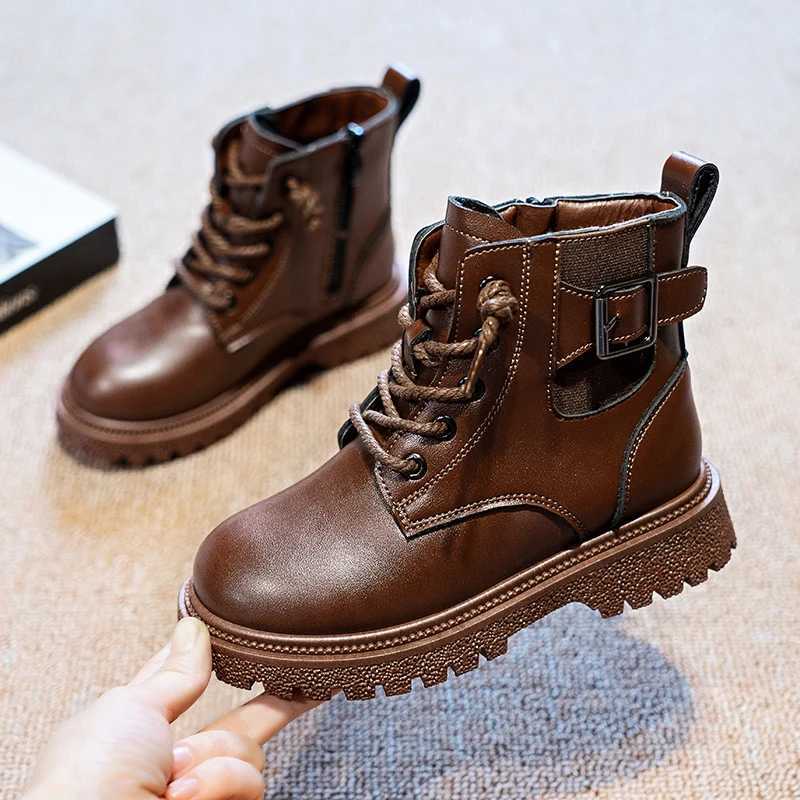 Athletic Outdoor Black Girls Boots 4 To 14 Years Fashion Autumn Winter Children Shoes Leather Non-slip British Style Ankle Boots for Girl Shoes H24122