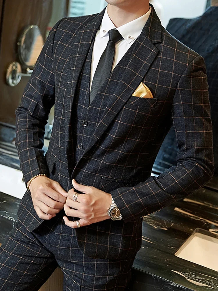 Blazer Vest Pants Groom Wedding Dress Stage Party Suit Three Piece Set and Two Mens casual business classic plaid suit 241225
