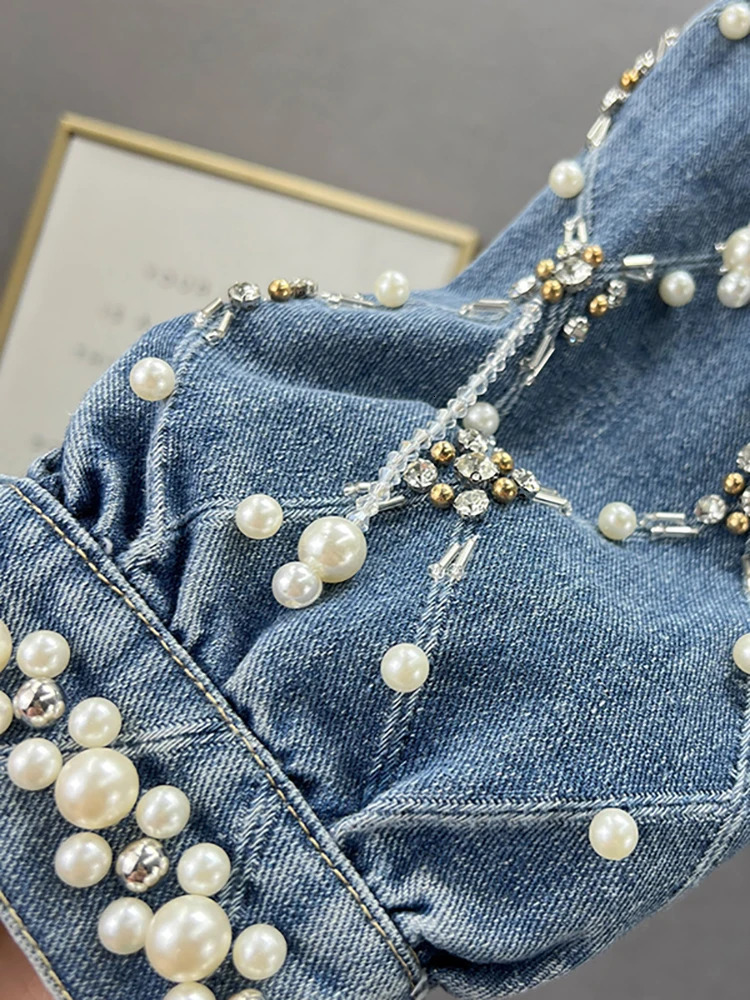 DEAT Womens Denim Coat Nail Drill Pearls Pendant Plaid O-neck Single Breasted Elegant Jackets 2025 Spring Fashion 29L7246 241223