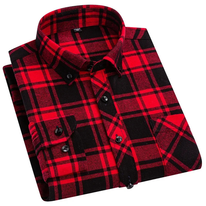 Casual StandardFit Thick Flannel Shirt Plaid Shirts For Men Long Sleeve Pure Cotton Fashion Single Patch Pocket n Young 241224