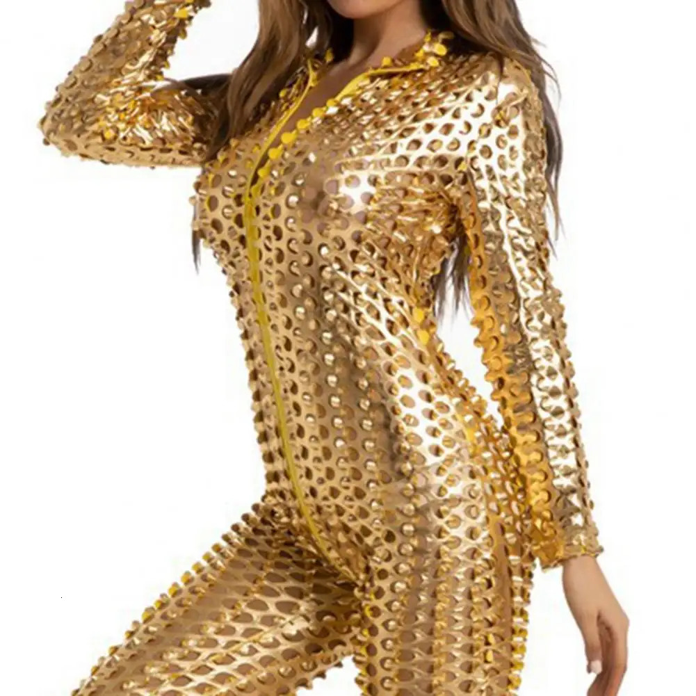 Sexy Women Jumpsuit Leather Skinny Hollow Out Hole Slim Elastic Zipper Club Party DJ Pole Jazz Dance Performance 241225