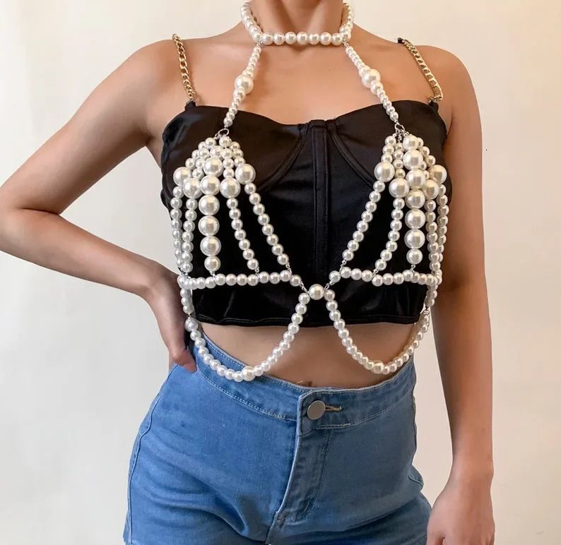 Y2K Accessories Pearl Geometric Bra Chain for Women Beads Vintage Sweet Fashion Cool Body Accessories 90s Aesthetic Waist Chain 241225