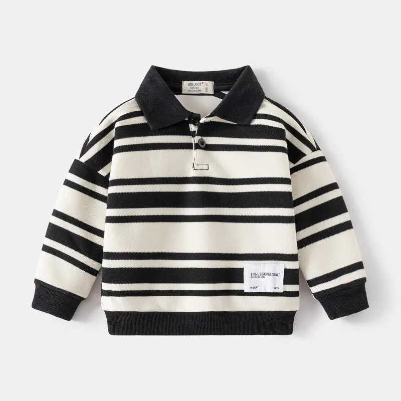 Autumn Baby Boy Cotton Clothes Kid Girls Turn Down Collar Sweatshirts Pullover Children Black White Stripe Shirt Polo TopXJ241225