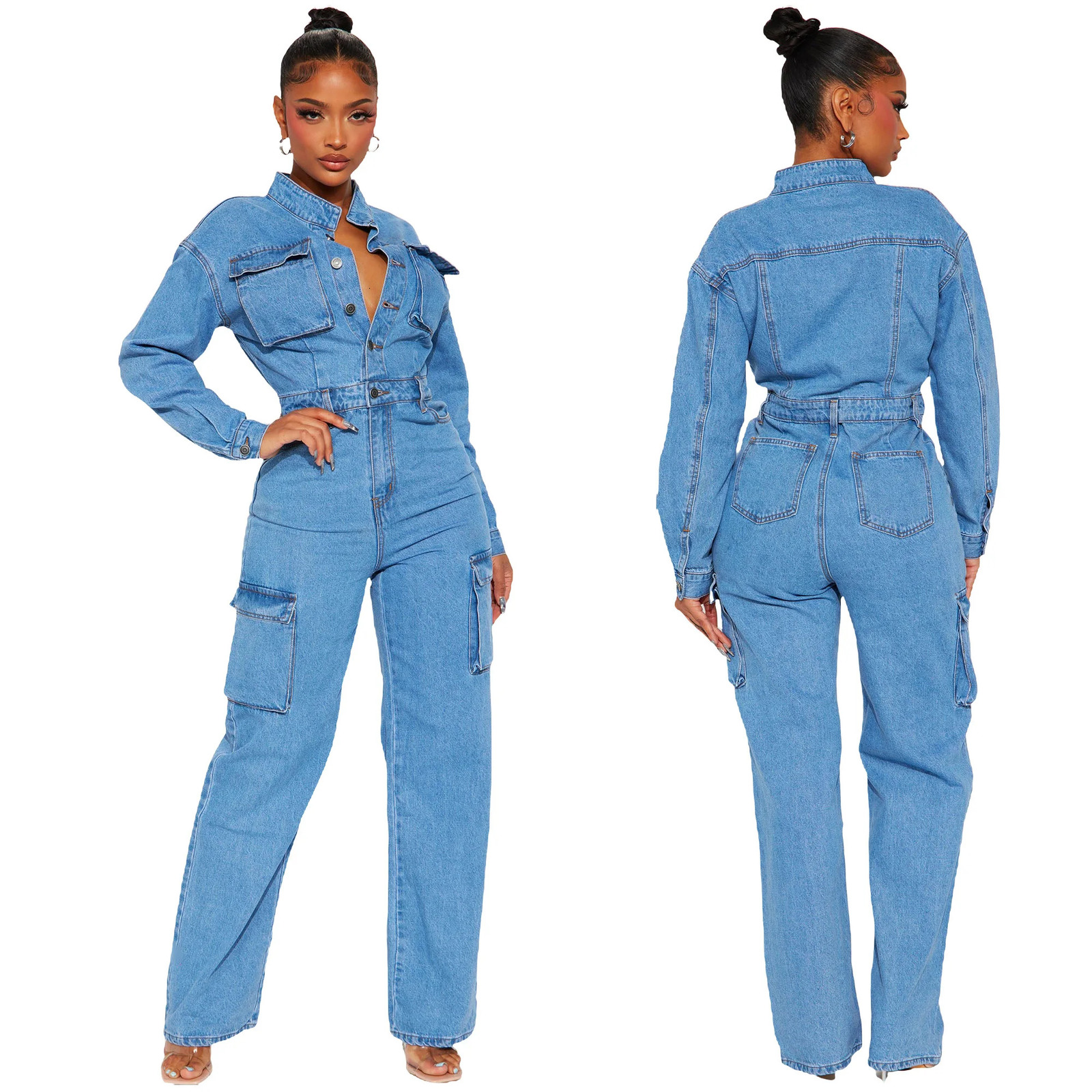 Multi Pockets Stretch Jeans Cargo Jumpsuit Sexy Women Turn Down Collar Elegant Denim Casual Romper Overalls 241224