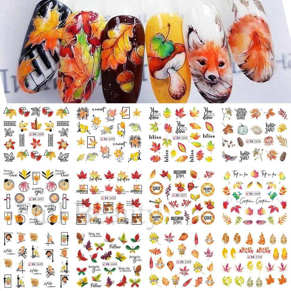 12pcs Fall Leaves Nail Art Stickers Maple leaf Animal Cartoon Water Slider Abstract Nail Decals Autumn Flowers Decor Manicure 241225
