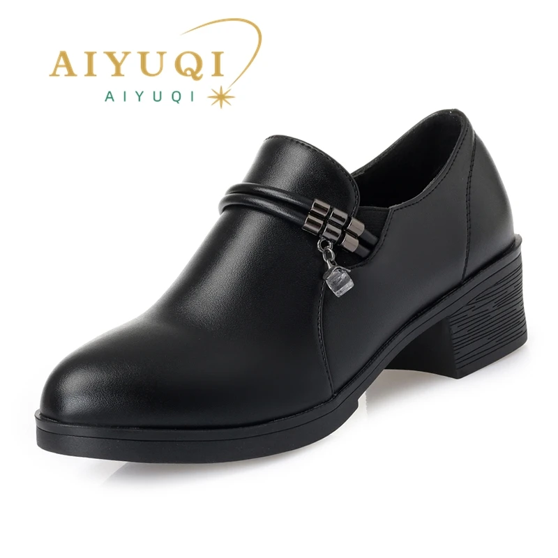 AIYUQI Women Dress Shoes Spring Genuine Leather Women Office Shoes Large Size Mid Heel Women Commuter Shoes
