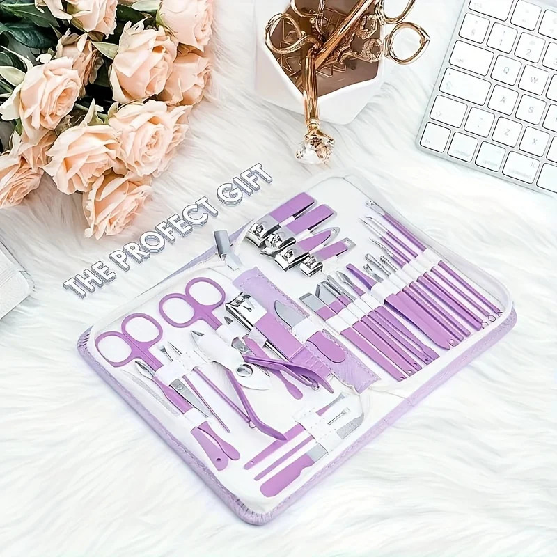 30Pcs Nail Clipper Set Purple Set Manicure Set Anti Splash Fingernail Cutter Stainless Steel Nail Scissor Cuticle Tools 241225