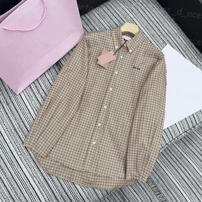 Luxury Women Checked Blouse Shirt Plaid Lapel Tops Letters Embroidered Shirts Designer Charming Elegant Blouses