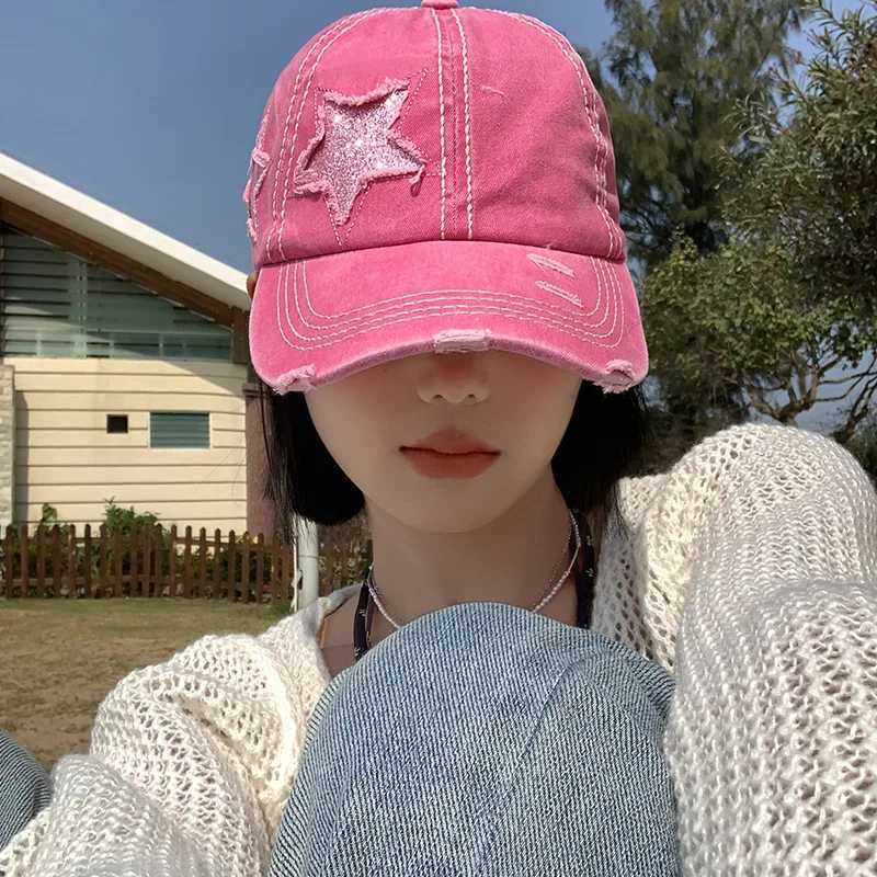 Punk hole star baseball cap womens retro washed cotton Y2K pink snap toe cap outdoor sports ponytail hanging hat W241225
