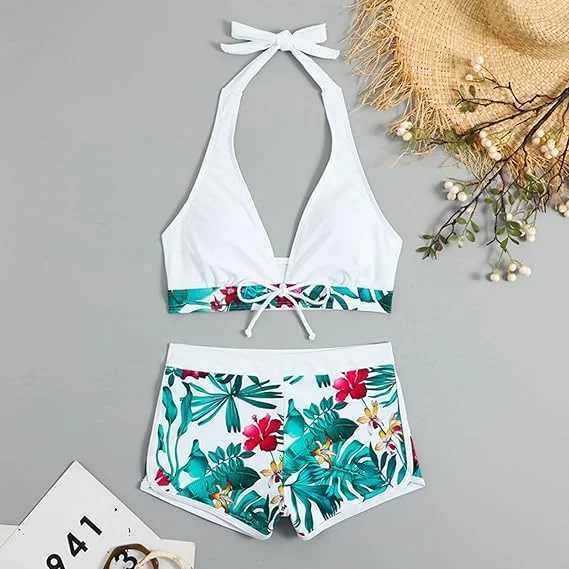 Womens two-piece bikini with printed bottom tie set swimsuit strap triangular swimsuitW241225