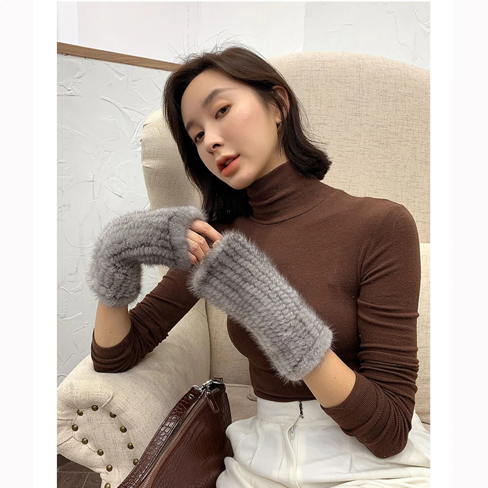 Women Genuine Knitted Mink Fur Mittens Winter Warm Lady Real Fur Fingerless Gloves Handmade Knit Mink Fur Mitten 241225ww12