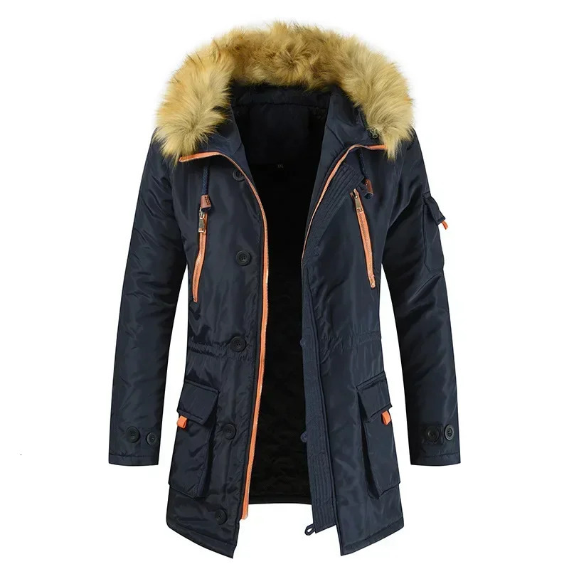 2024 Winter Casual Mens Jacket Large Fur Collar Thickened Cottonpadded Couple Youth Medium Long Hooded Coat 241225